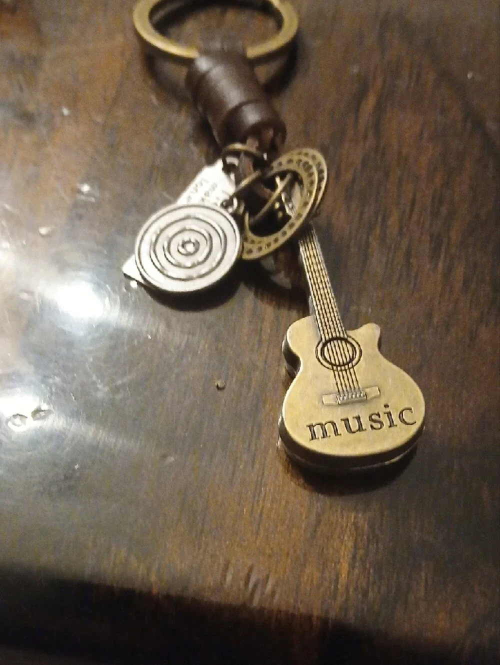 Guitar Charm Keychain with Brown Leather Strap